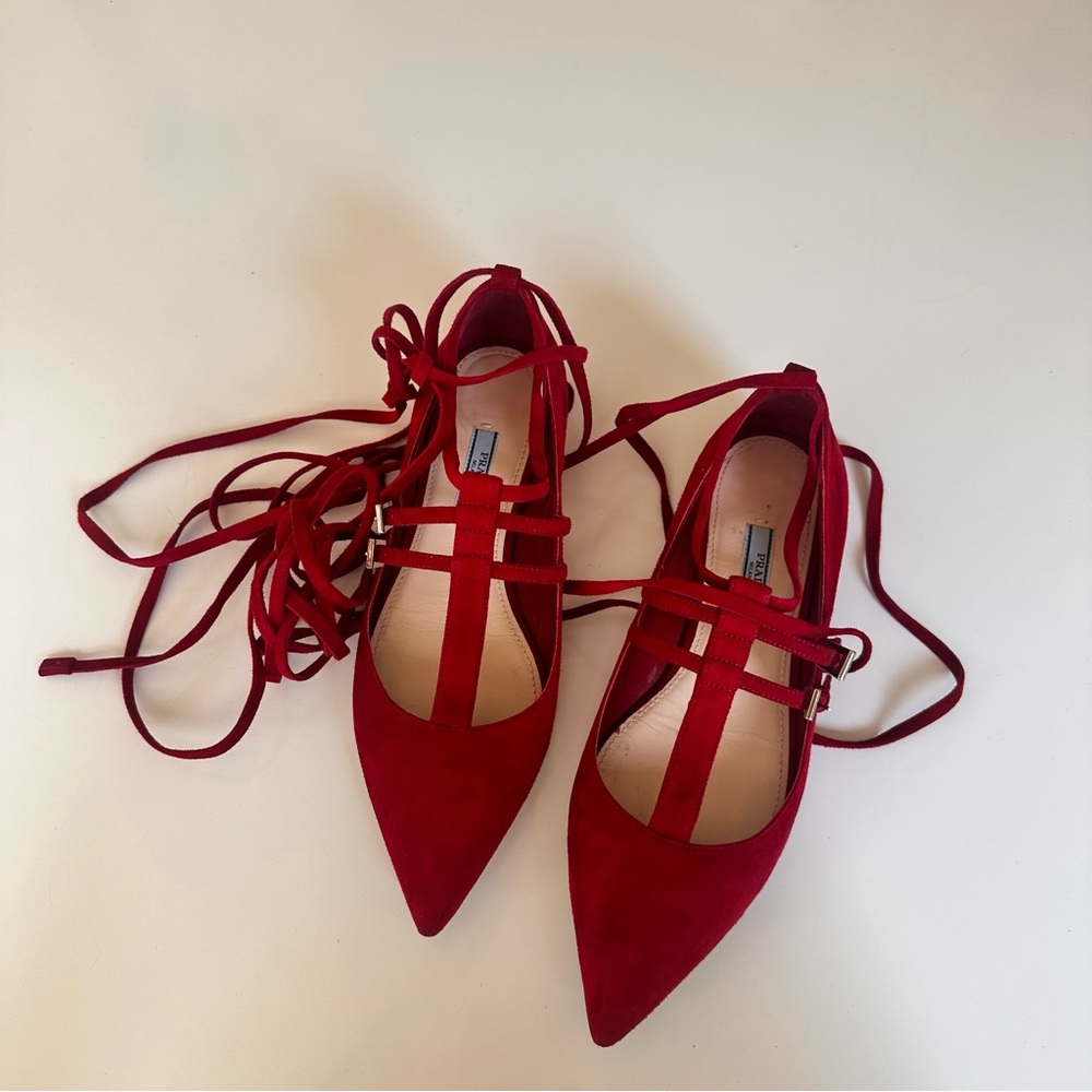 Prada Red Suede Pointed Lace Flaps